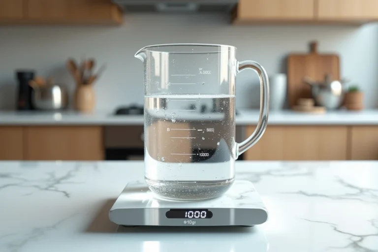 Pichet gradué d'un litre d'eau posé sur une balance de cuisine affichant 1000 grammes sur un comptoir en marbre blanc