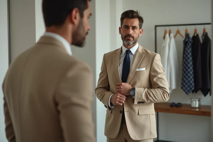 Homme en costume beige avec cravate bleu marine devant un miroir dans un dressing moderne