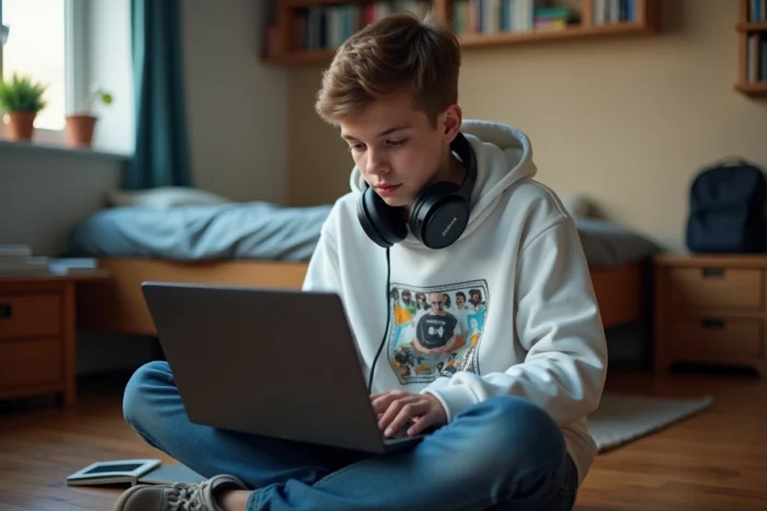 Adolescent associant son casque Sony à un ordinateur portable via la fenêtre de couplage Bluetooth