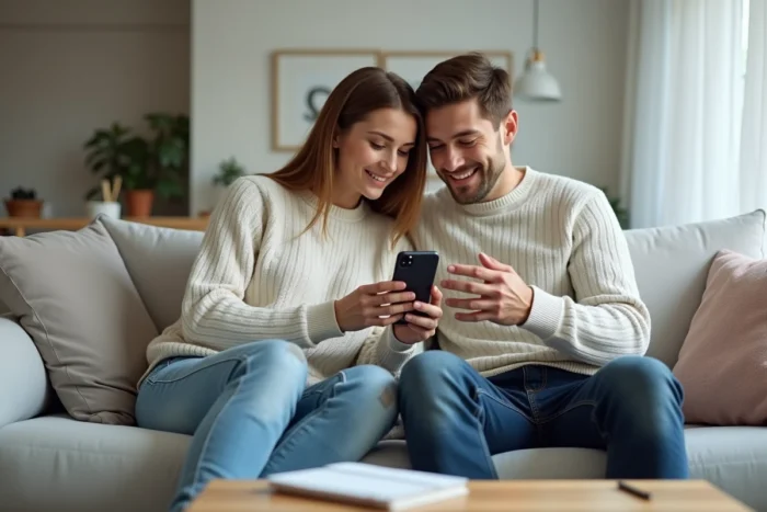 Couple consultant une application gratuite de conception de plan de maison sur smartphone dans un salon moderne