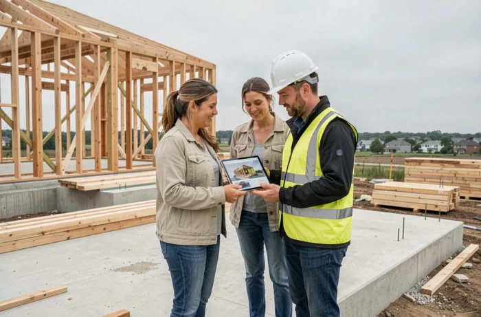 Couple discutant avec un constructeur sur le chantier de leur maison personnalisée