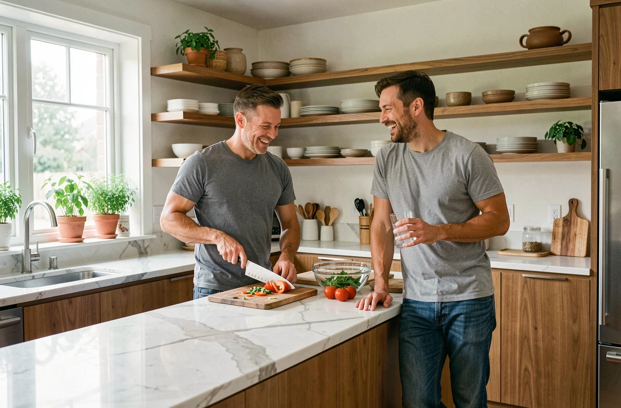 Deux hommes préparant un repas ensemble dans une cuisine moderne, scène de vie quotidienne complice et chaleureuse