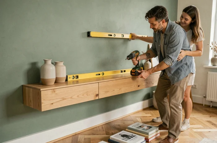 Couple assemblant une étagère en chêne dans un salon décoré style scandinave avec mur vert sauge