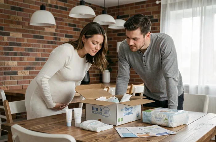 Couple attendant un bébé explorant ensemble des échantillons gratuits d'une box naissance
