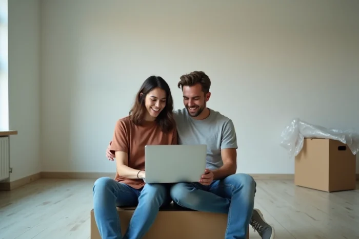 Couple consultant une facture de déménagement en ligne sur un ordinateur portable dans un appartement vide