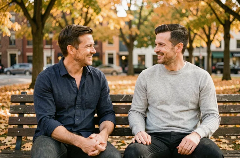 Deux hommes souriants assis sur un banc de parc en automne, illustrant une relation complice et détendue