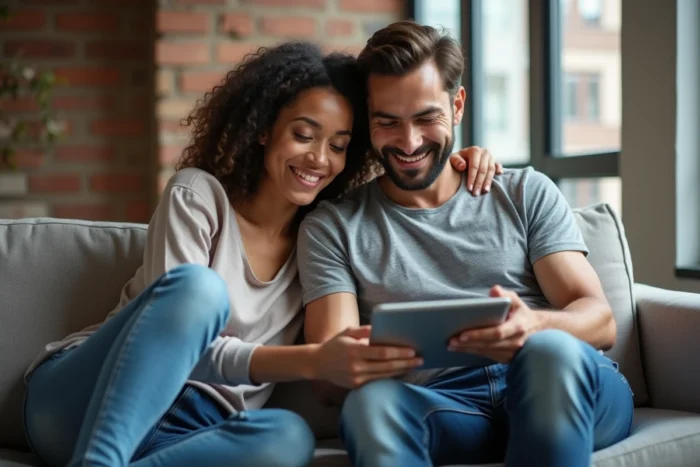 Couple consultant un site libertin en ligne ensemble sur une tablette dans leur salon moderne