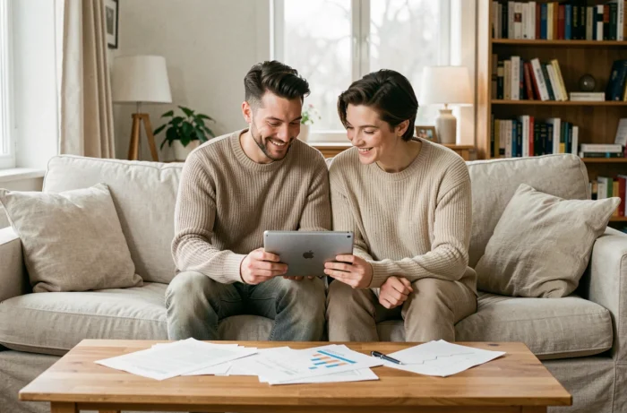 Couple planifiant ensemble leur budget et leurs options de crédit sur une tablette dans leur salon