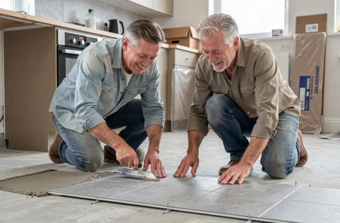 Couple posant des carreaux de céramique dans une cuisine rénovée lors de travaux d'amélioration de l'habitat