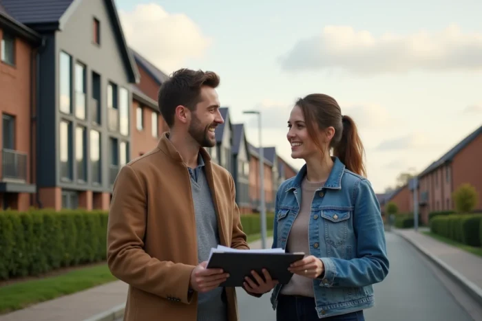 Couple devant un immeuble résidentiel neuf tenant des documents immobiliers, illustrant un projet d'investissement immobilier réussi