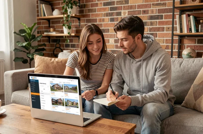 Couple recherchant un bien immobilier ensemble grâce au plan du site Immolink sur un ordinateur portable