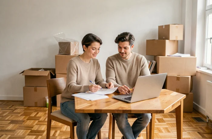 Couple de jeunes salariés consultant des documents d'aide au logement dans leur nouvel appartement en cours d'emménagement