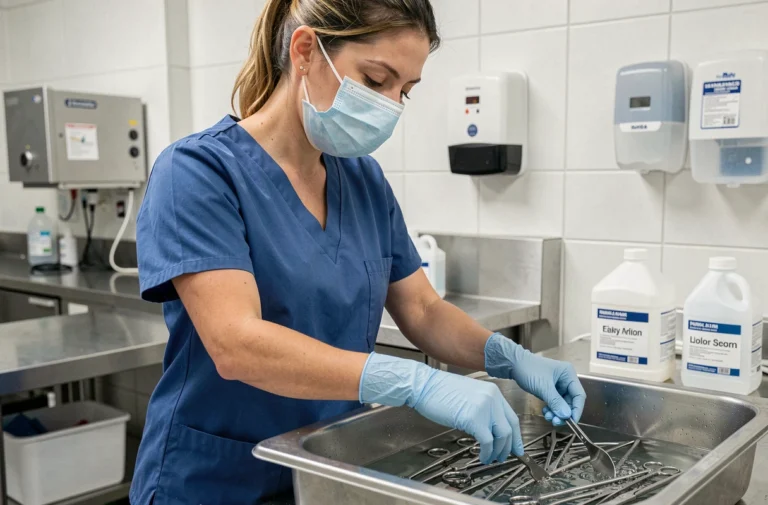 Professionnelle de santé effectuant la désinfection d'instruments chirurgicaux dans une solution antiseptique en salle de stérilisation hospitalière