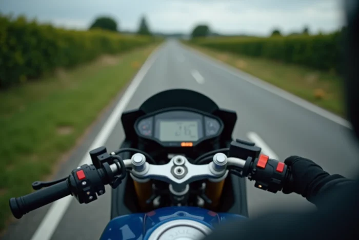 Détail du clignotant LED sur le guidon d'une moto moderne avec main gantée du conducteur