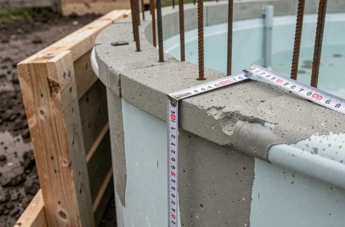 Gros plan sur les dimensions précises d'une ceinture béton autour d'une piscine coque avec mètre ruban et ferraillage visible