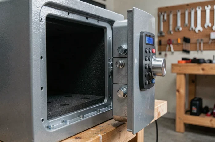Détail de l'intérieur d'une armoire à fusil sécurisée avec serrure multipoints et mousse de protection