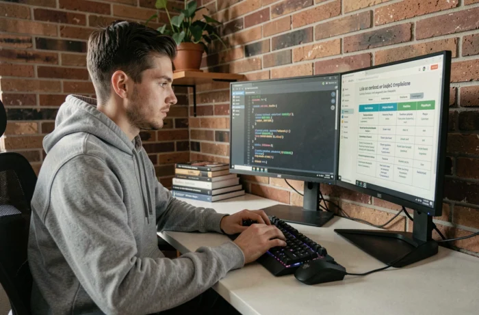 Développeur web consultant une checklist de conformité légale française sur ses écrans dans un bureau à domicile