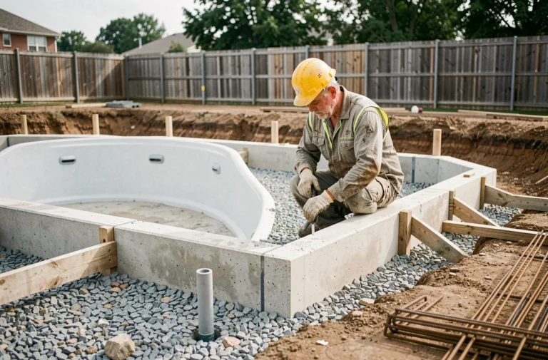 Ouvrier mesurant les dimensions d'une ceinture béton autour d'une piscine coque en polyester lors de la phase d'installation