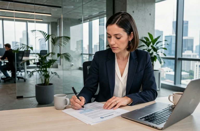 Femme dirigeante de PME révisant un contrat commercial dans un bureau moderne vitré avec vue sur la ville