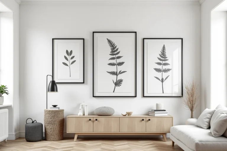 Mur d'un salon scandinave avec une galerie harmonieuse de cadres identiques disposés en composition équilibrée au-dessus d'un canapé en lin