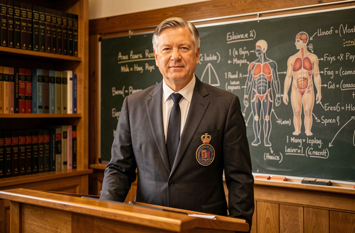 Docteur universitaire en médecine devant un tableau noir avec des schémas anatomiques dans un amphithéâtre académique