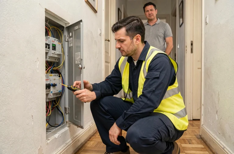 Électricien qualifié examinant un tableau électrique ouvert dans un couloir de maison lors d'une intervention d'urgence