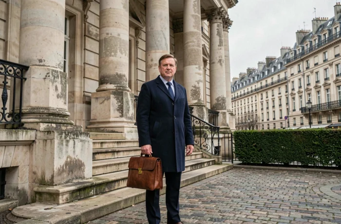 Homme élégant en manteau de luxe devant un bâtiment néoclassique parisien, symbolisant richesse et prestige financier
