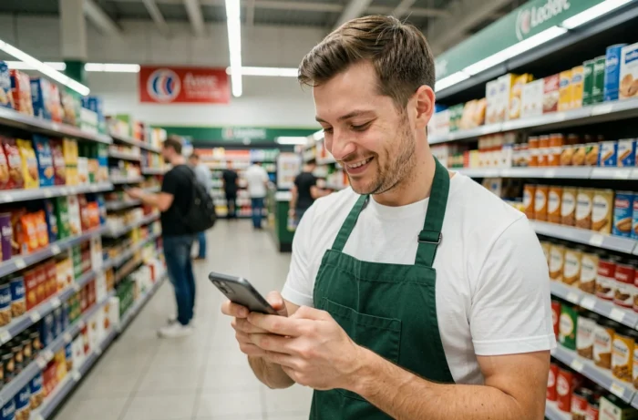 Jeune employé Leclerc vérifiant le versement de son 13ème mois sur smartphone en magasin