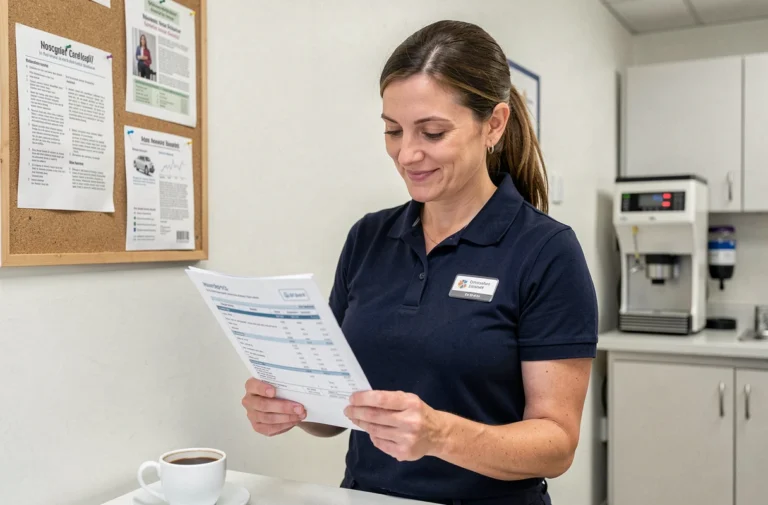 Employée Leclerc examinant son bulletin de salaire avec prime de 13ème mois dans la salle de pause du supermarché