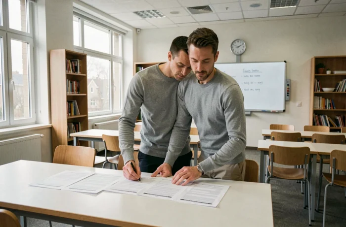 Enseignant préparant ses cours dans une salle de classe moderne vide, symbolisant les compétences pédagogiques et organisationnelles attendues par les recruteurs