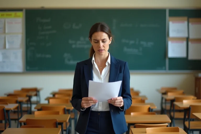Enseignante française consultant des documents officiels sur la classe FR 2026 dans une salle de cours