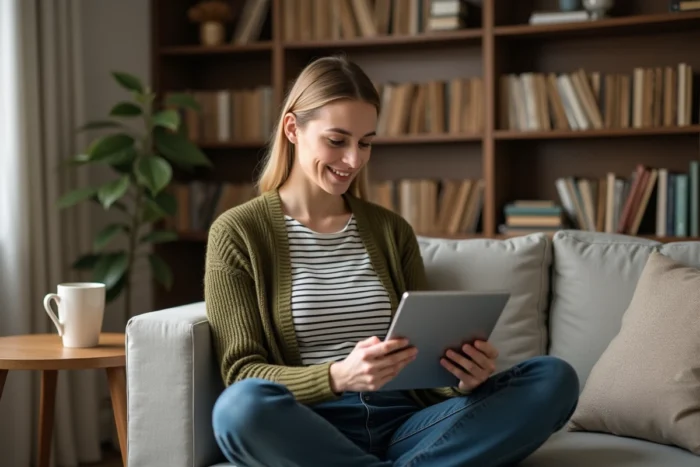 Jeune enseignante consultant son compte iProf Créteil sur une tablette depuis son domicile