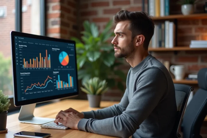 Entrepreneur analysant des données de croissance sur un tableau de bord numérique dans son bureau