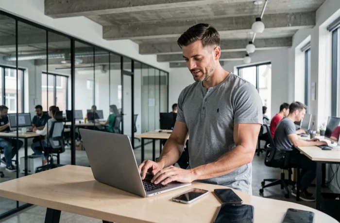 Entrepreneur masculin travaillant sur son business en ligne dans un espace de co-working moderne et collaboratif