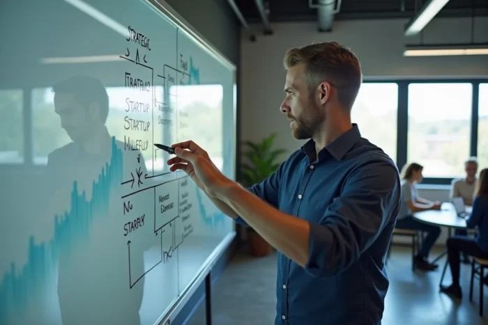 Entrepreneur masculin présentant la stratégie de lancement de son entreprise devant un tableau blanc