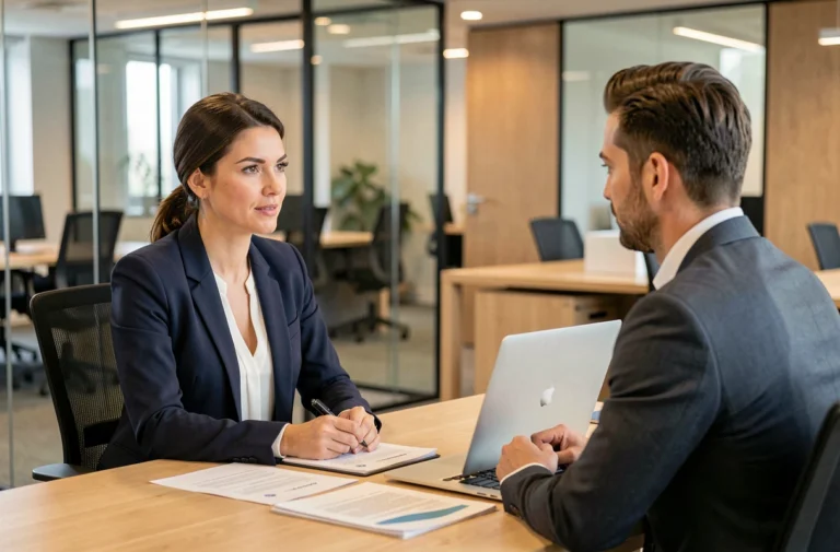 Entretien de recrutement entre une consultante RH et un responsable d'entreprise dans un bureau moderne