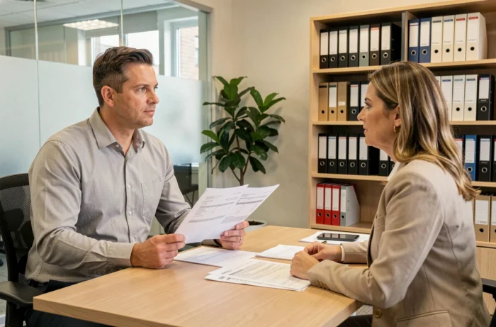 Salarié Leclerc en entretien RH pour discuter des conditions et avantages du 13ème mois