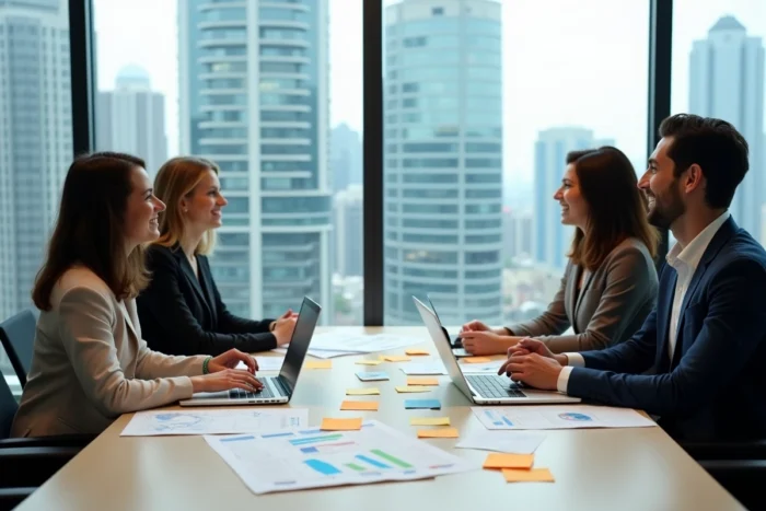 Équipe de professionnels en réunion de planification stratégique pour développer leur entreprise