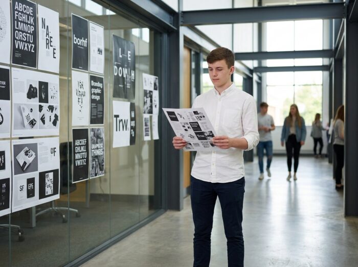 Jeune étudiant en design graphique examinant une maquette imprimée devant un mur de projets typographiques dans une école de design