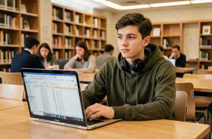 Étudiant téléchargeant des fichiers en bibliothèque universitaire avec un ordinateur portable