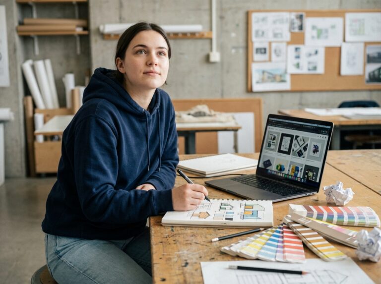 Étudiante en école de design graphique travaillant sur des esquisses dans un studio universitaire avec Pantone et sketchbooks