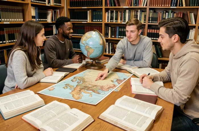 Étudiants en histoire analysant des documents et cartes historiques sur les forces de l'Axe et les Alliés durant la Seconde Guerre mondiale dans une salle de séminaire universitaire