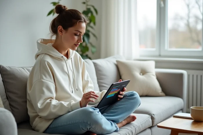 Jeune femme explorant un plan de site structuré sur une tablette depuis son canapé à la maison