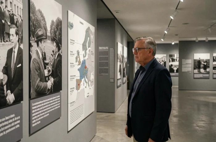 Conservateur de musée examinant une exposition sur les alliances politiques et militaires de la Seconde Guerre mondiale dans une galerie historique moderne
