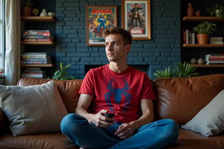 Fan de Spider-Man assis sur un canapé en cuir entouré d'affiches Marvel et de comics, regardant les films Tom Holland dans l'ordre