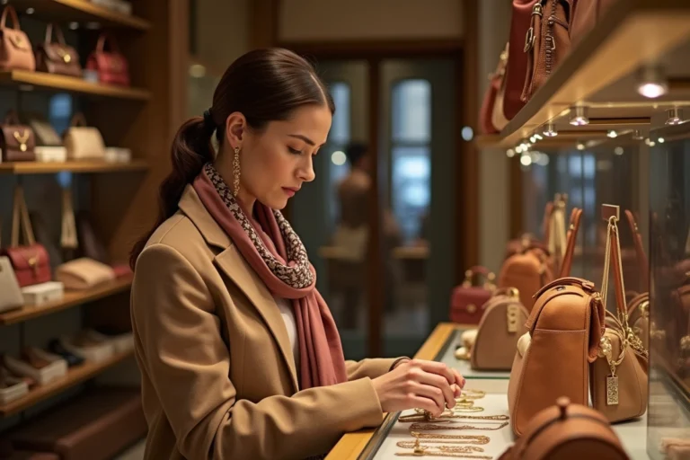 Femme élégante en manteau camel explorant des accessoires tendance dans une boutique parisienne raffinée