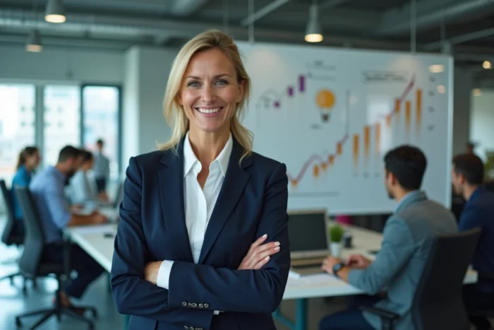 Femme d'affaires devant un tableau de stratégie de croissance dans un bureau moderne