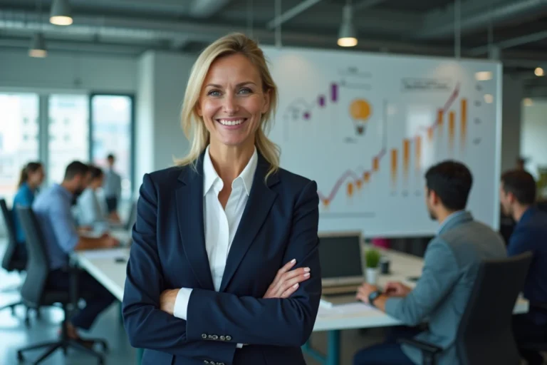 Femme d'affaires devant un tableau de stratégie de croissance dans un bureau moderne