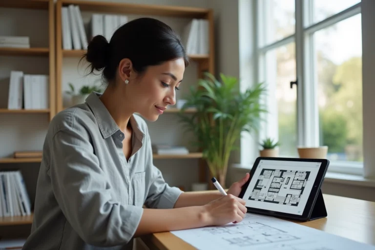 Femme utilisant une application de plan de maison sur tablette dans un bureau à domicile moderne