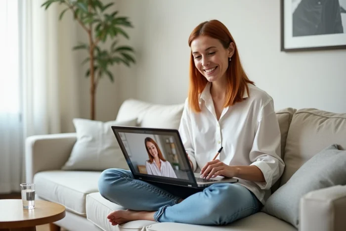 Femme souriante en reconversion professionnelle participant à une séance de coaching en ligne via une plateforme numérique depuis son salon